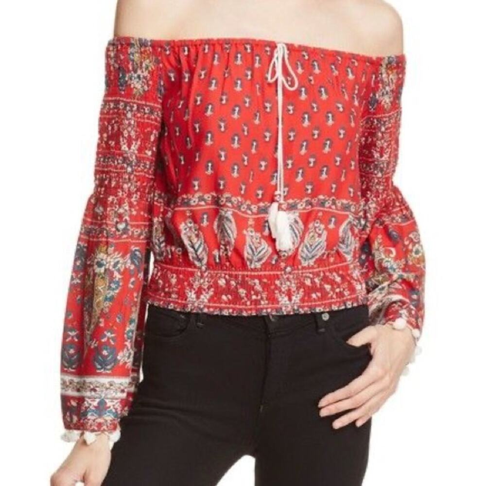 Band of Gypsies Red Smocked Boho Bell Sleeve Crop Top Size Small